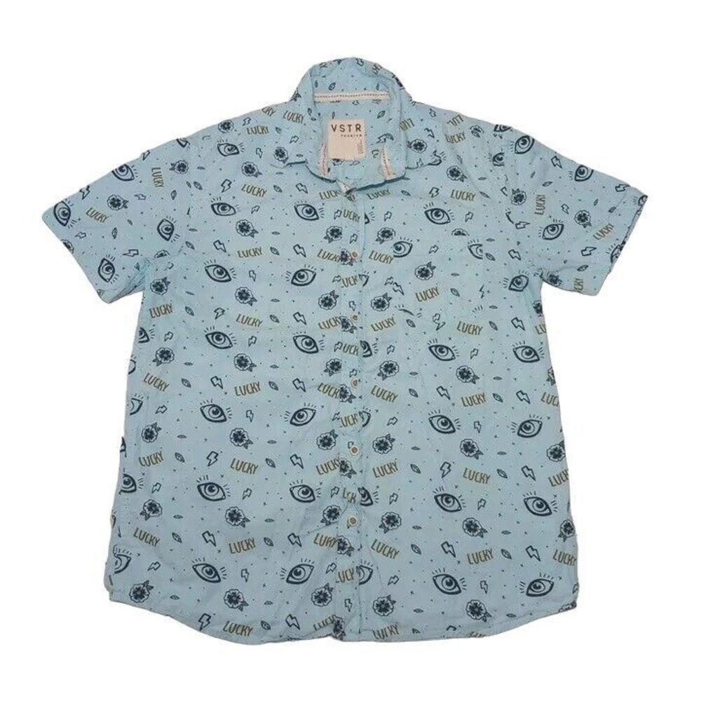 VSTR Men's Large Shirt Eyes Lucky All Over Button‎ Up Short Sleeve 100% Cotton